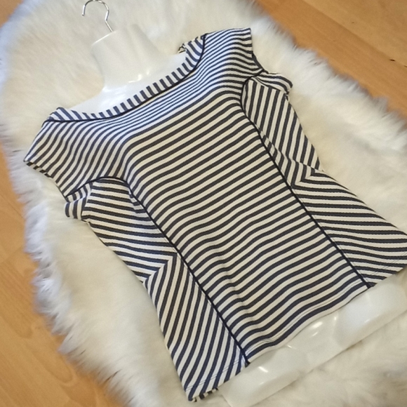 Ann Taylor Pique Knit Striped Cap Sleeved Top - Picture 12 of 14